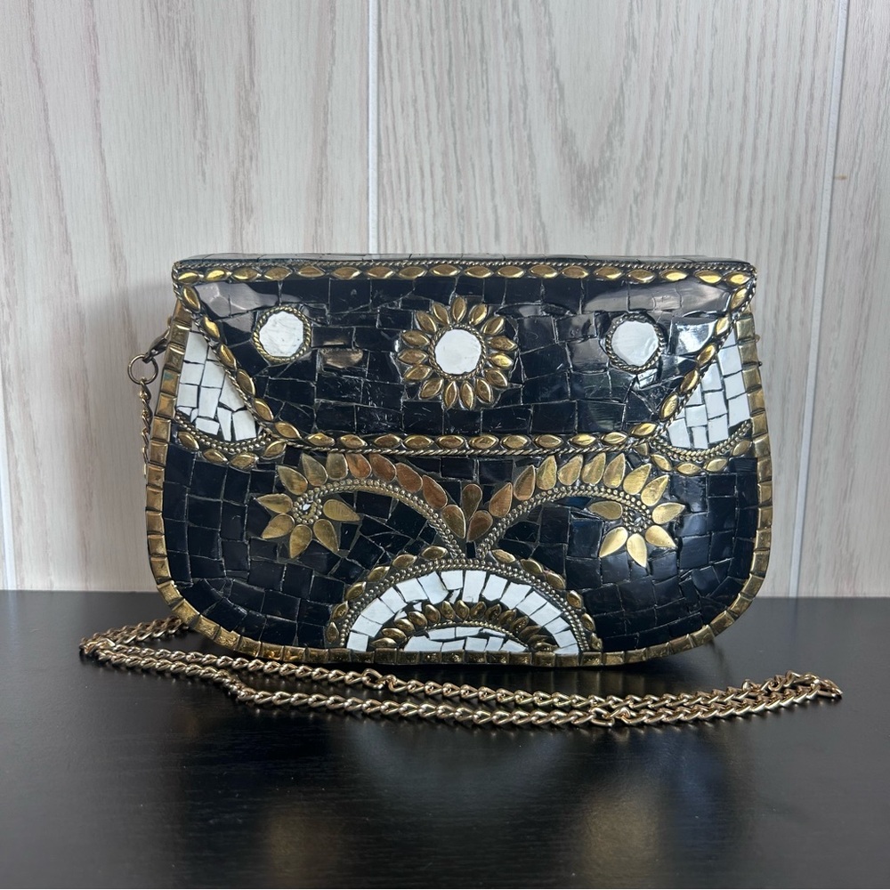 Antik Kraft Black and Gold Brass Iron and Clay Mosaic Crossbody Clutch Purse